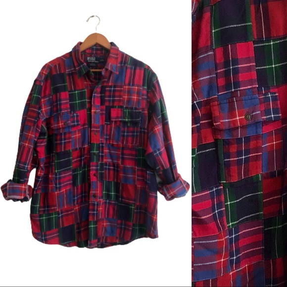 Vtg Rare Polo Ralph Lauren Patchwork Tartan Plaid Flannel Workshirt XXL 2XL - Picture 14 of 15